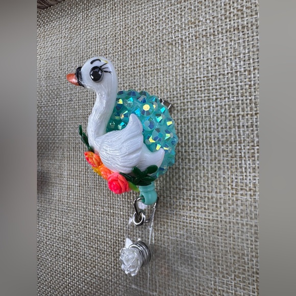 White Swan Floral Retractable Badge Reel in Teal and Coral - Picture 2 of 2